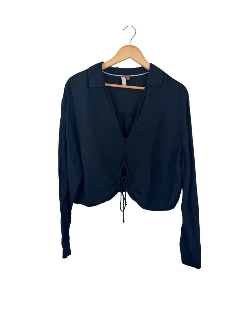 Anthropologie Pilcro Black Long-Sleeve Drawstring Cropped Shirt Linen Blend XL